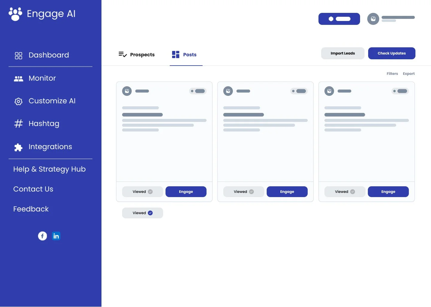 Screenshot of Engage AI platform dashboard showing menu on the left with options like Dashboard, Monitor, Customize AI, Hashtag, Integrations, Help & Strategy Hub, Contact Us, Feedback, and social media icons. The main section displays tabs for Prospects and Posts, with three post cards showing options for viewing and engaging.