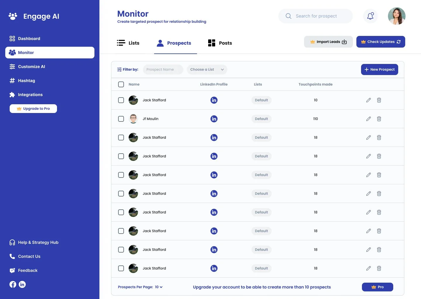 Screenshot of a dashboard from Engage AI showing a list of prospects with names, LinkedIn profiles, list names, and touchpoints made. The left sidebar includes options like Dashboard, Monitor, Customize AI, Hashtag, Integrations, and links for Help, Contact, Feedback, and social media icons.