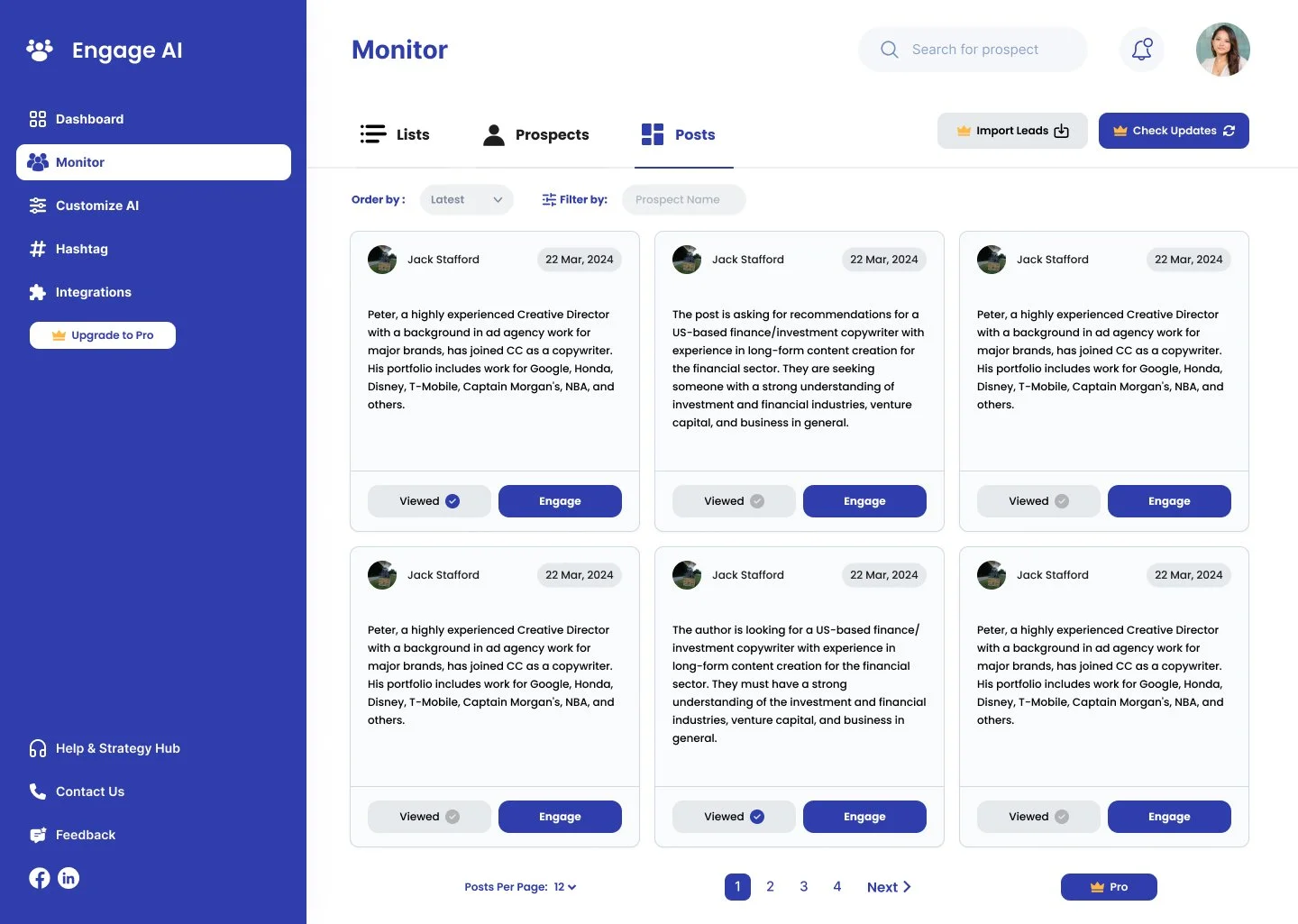 Screenshot of a digital dashboard called 'Engage AI' showing a monitor page with prospects and posts, featuring profile photos, names, dates, and options to view or engage with posts. The left sidebar has navigation options like Dashboard, Monitor, Customize AI, Hashtag, Integrations, and links for Help & Strategy Hub, Contact Us, Feedback, and social media icons.