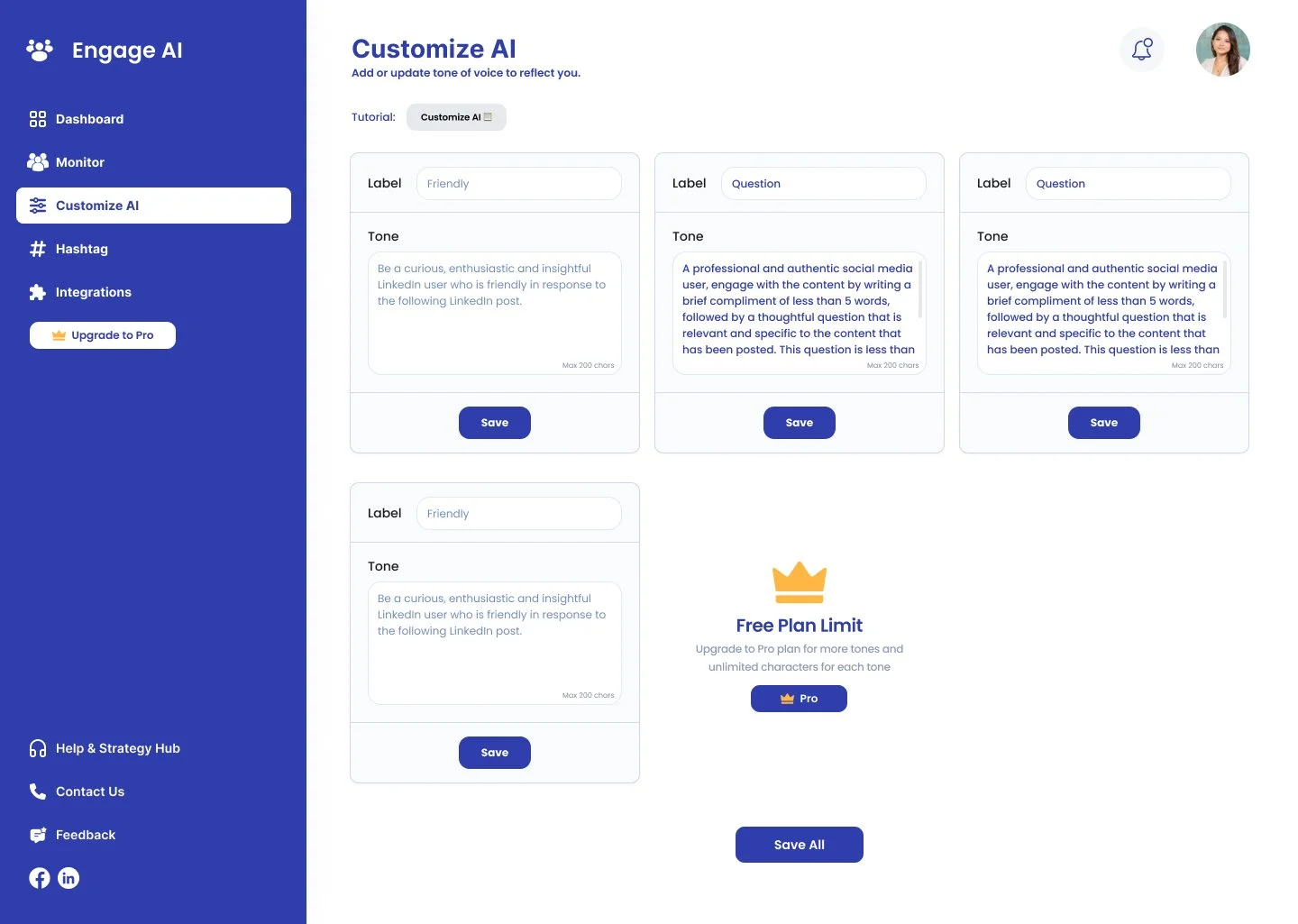Screenshot of a web app interface titled 'Customize AI' with options to add labels and tone for AI responses, featuring blue and white design, a sidebar menu, and a 'Free Plan Limit' notification.