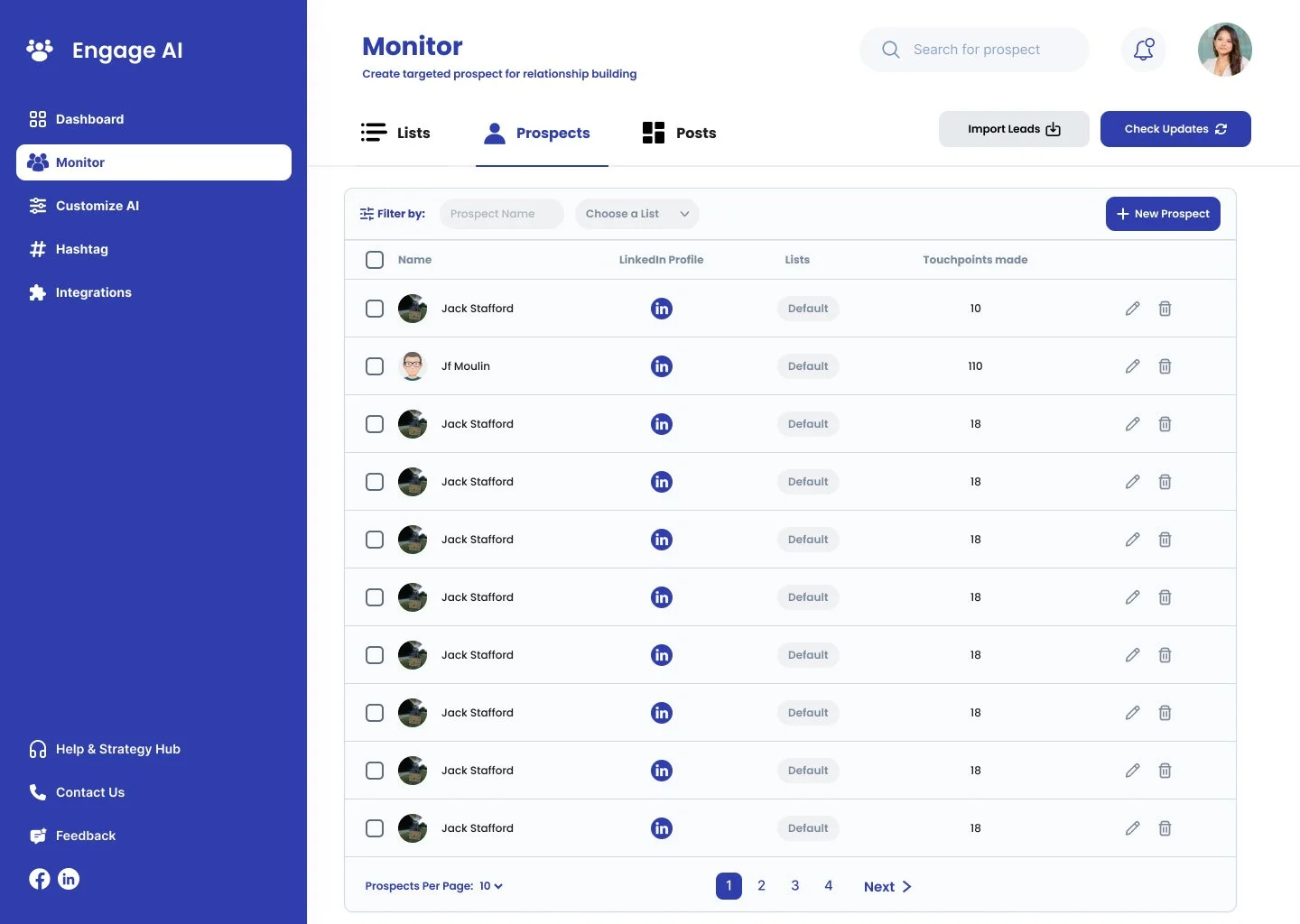 Screenshot of a web application dashboard titled 'Monitor' showing a list of prospects with their LinkedIn profiles, lists, and the number of touchpoints made, along with user profile picture and navigation menu on the left.
