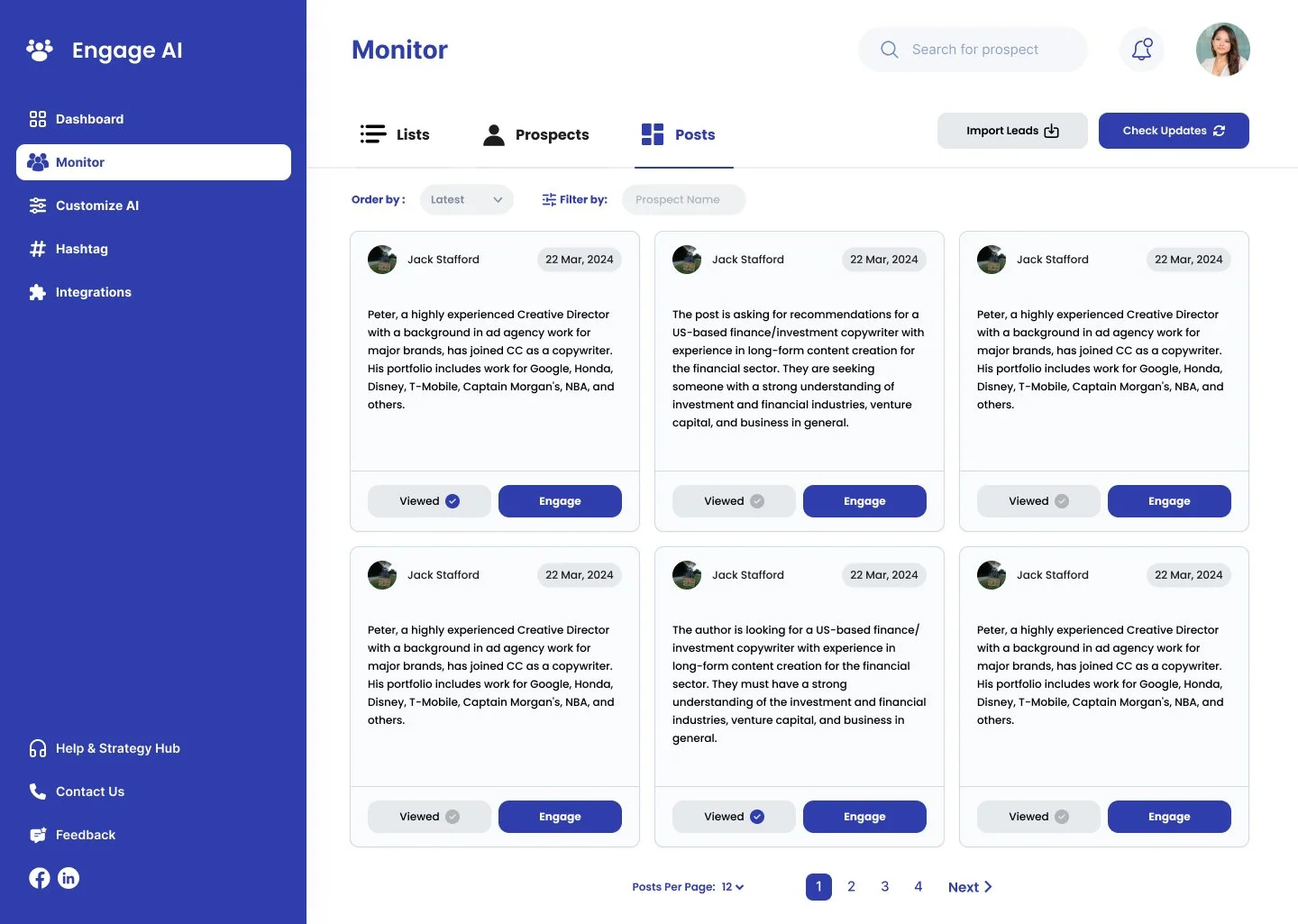 Screenshot of Engage AI dashboard showing monitor section with posts from prospect Jack Stafford, dated March 22, 2024. The dashboard has a blue side menu with options including Dashboard, Monitor, Customize AI, Hashtag, Integrations, Help & Strategy Hub, Contact Us, Feedback, and social media icons. The main area displays prospects' posts with options to view, engage, filter, and sort, along with pagination at the bottom.