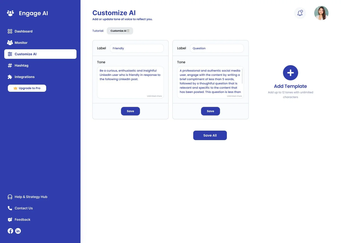 Screenshot of an AI customization interface on a web app named Engage AI. The interface features a blue sidebar with menu options, and a main section for customizing AI responses with labeled tone settings for "Friendly" and "Question". There are options to save individual settings or all at once, and a prompt to add templates with a plus sign.