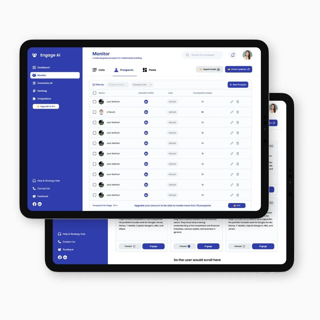 Digital tablet showing Engage AI platform with Prospect monitor, list of prospects including names, LinkedIn icons, profile photos, and contact info; blue sidebar menu with options like Dashboard, Customization AI, Hashtag, Integrations; options for importing leads, checking updates, and creating new prospects.