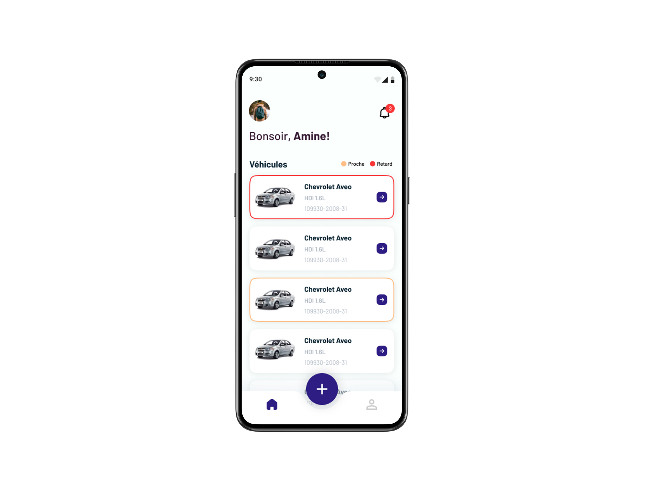 Smartphone screen displaying a vehicle management app with a greeting to Amine, showing multiple Chevrolet Aveo cars listed with their details, navigation icons at the bottom.