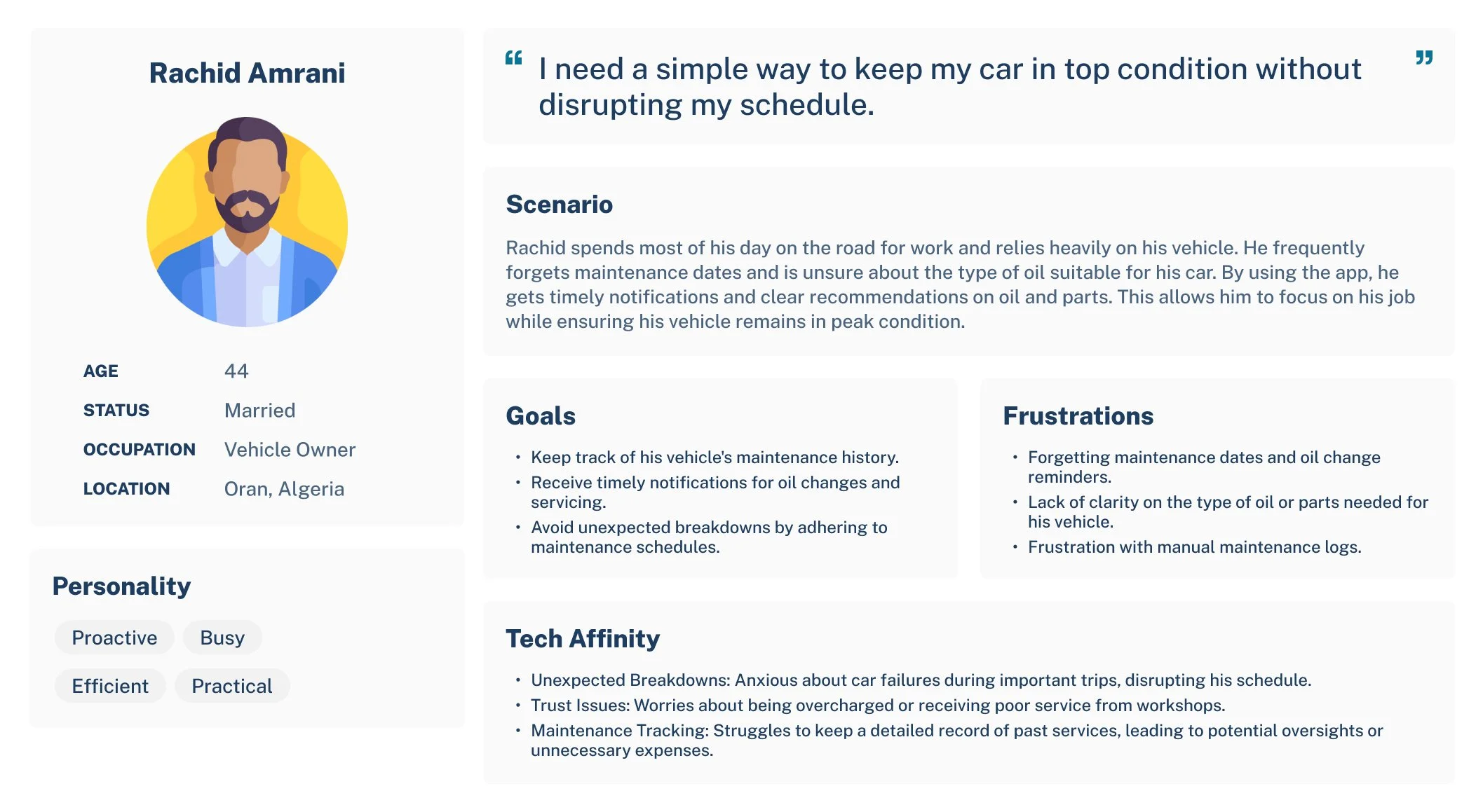 Profile of Rachid Amrani, a 44-year-old married vehicle owner from Oran, Algeria. The profile includes a cartoon illustration of a man with a beard and short hair. The profile lists his personality traits as proactive, busy, efficient, and practical, and highlights his desire to keep his car in top condition without disrupting his schedule. The scenario describes his reliance on a vehicle for work and receiving notifications about oil and parts maintenance. Goals include tracking the vehicle's maintenance history and receiving timely notifications. Frustrations involve forgetting maintenance schedules, lack of clarity on oil and parts needed, and manual logs. The profile also notes his trust issues with workshops and struggles with detailed maintenance records.