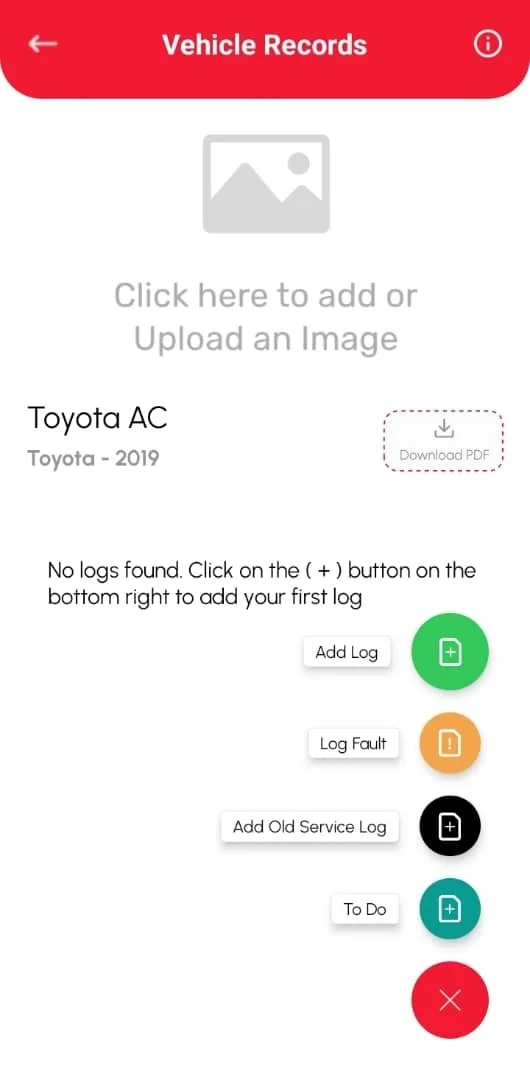 Mobile app screen displaying vehicle records for a 2019 Toyota AC. Options include adding logs, logging faults, adding old service logs, and to-do items, with a download PDF button and a red cancel button at the bottom.