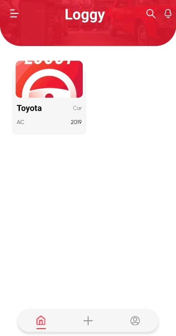 Mobile app screen showing a logged car entry for a 2019 Toyota AC, with red header and navigation icons at the bottom.