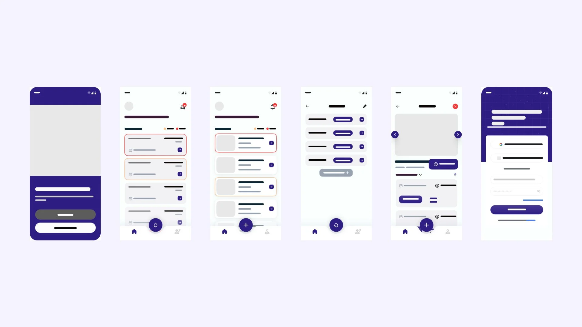A series of six mobile app interface screens showing options for task management, including lists, editing tasks, adding new tasks, and navigation icons at the bottom.