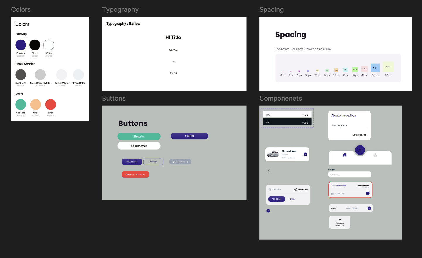 Screenshot of a user interface design with color palette, typography, spacing, buttons, and components sections for a digital project.