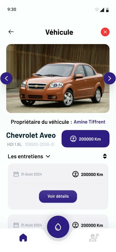 Screen from a vehicle management app showing a brown Chevrolet Aveo car, owned by Amine Tiffrent, with 200,000 km mileage, scheduled maintenance on August 31, 2024.