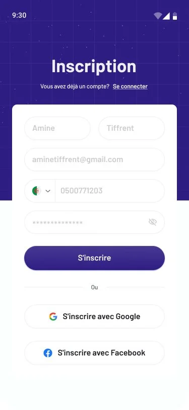 Mobile app screen showing a registration form with fields for first name, last name, email, phone number, and password, with options to sign up using Google or Facebook.