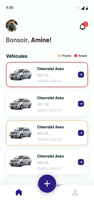 Mobile app screen displaying four Chevrolet Aveo vehicles with status indicators for proximity, user greeting, and notification icon.