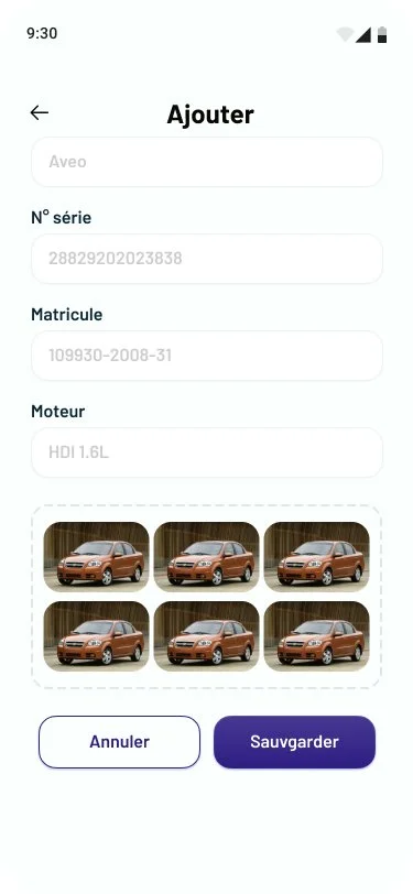 Mobile app screen for adding a car, with fields for make, serial number, registration, and engine type, showing six images of a brown SUV at the bottom and buttons labeled 'Cancel' and 'Save'.