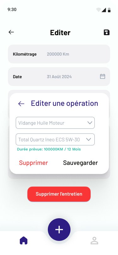 Mobile app screen for vehicle maintenance, showing options to edit an oil change with a 200,000 km mileage, date August 31, 2024, oil type, and engine type. Buttons for save and delete maintenance, plus navigation icons.
