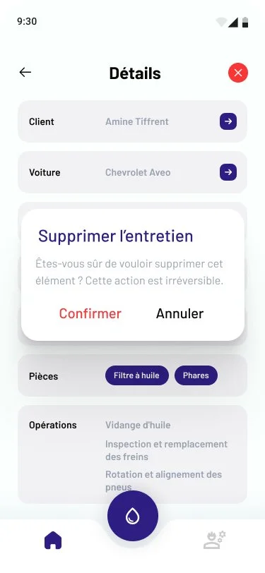 Mobile app screen showing vehicle maintenance options, including a delete confirmation prompt for removing a maintenance item, with buttons for confirming or canceling.