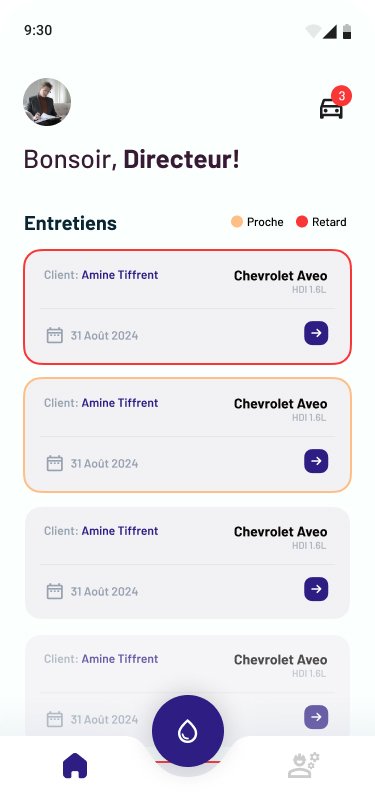 Mobile app screen showing scheduled appointments for a client named Amine Tiffent with Chevrolet Aveo on August 31, 2024. The app displays upcoming or late appointments with color indicators, a home icon, a water droplet icon, and a second icon at the top right indicating 3 notifications.