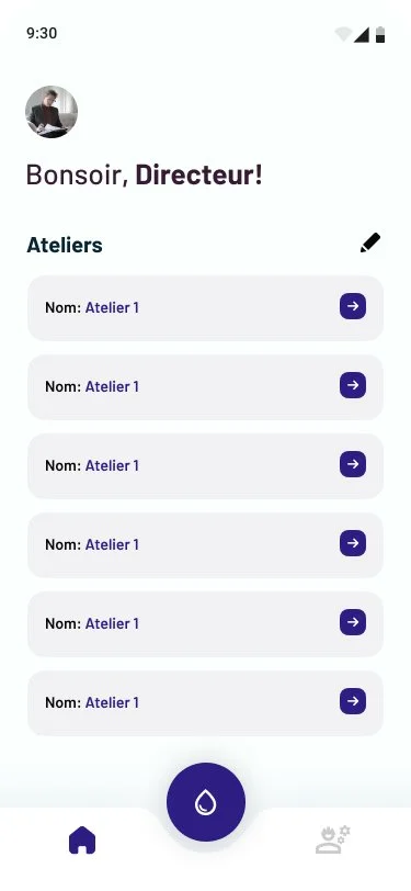 Mobile app interface displaying a greeting and a list of workshop sessions titled "Atelier 1" with navigation arrows, a bottom navigation button, and a profile picture at the top.