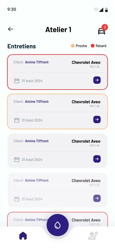 Mobile app screen displaying a list of appointments for a client named Amine Tiffert at Chevrolet Aveo, scheduled for August 31, 2024. The screen has a top header 'Atelier 1', a back arrow, and a notification icon with 3 notifications. Appointments are color-coded as orange for upcoming and red for overdue. There are navigation icons at the bottom for Home, a water droplet, and Settings.