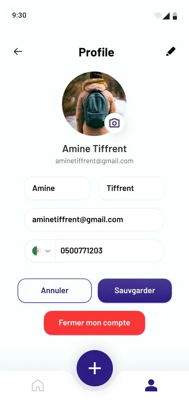 Mobile app profile screen showing a person with a backpack in a circular profile picture, with edit options, email, phone number, and save or delete account buttons.