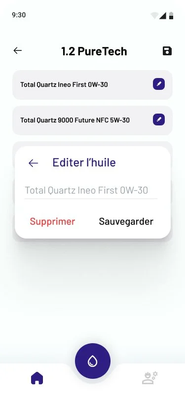 Mobile app interface for PureTech oil management, showing options to delete or save oil types and an oil drop icon button.