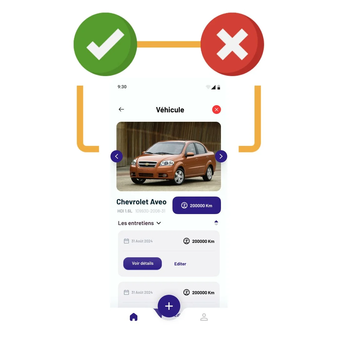 Mobile app interface displaying details of a Chevrolet Aveo car, including its image, model, and maintenance history, surrounded by icons indicating correct and incorrect options.