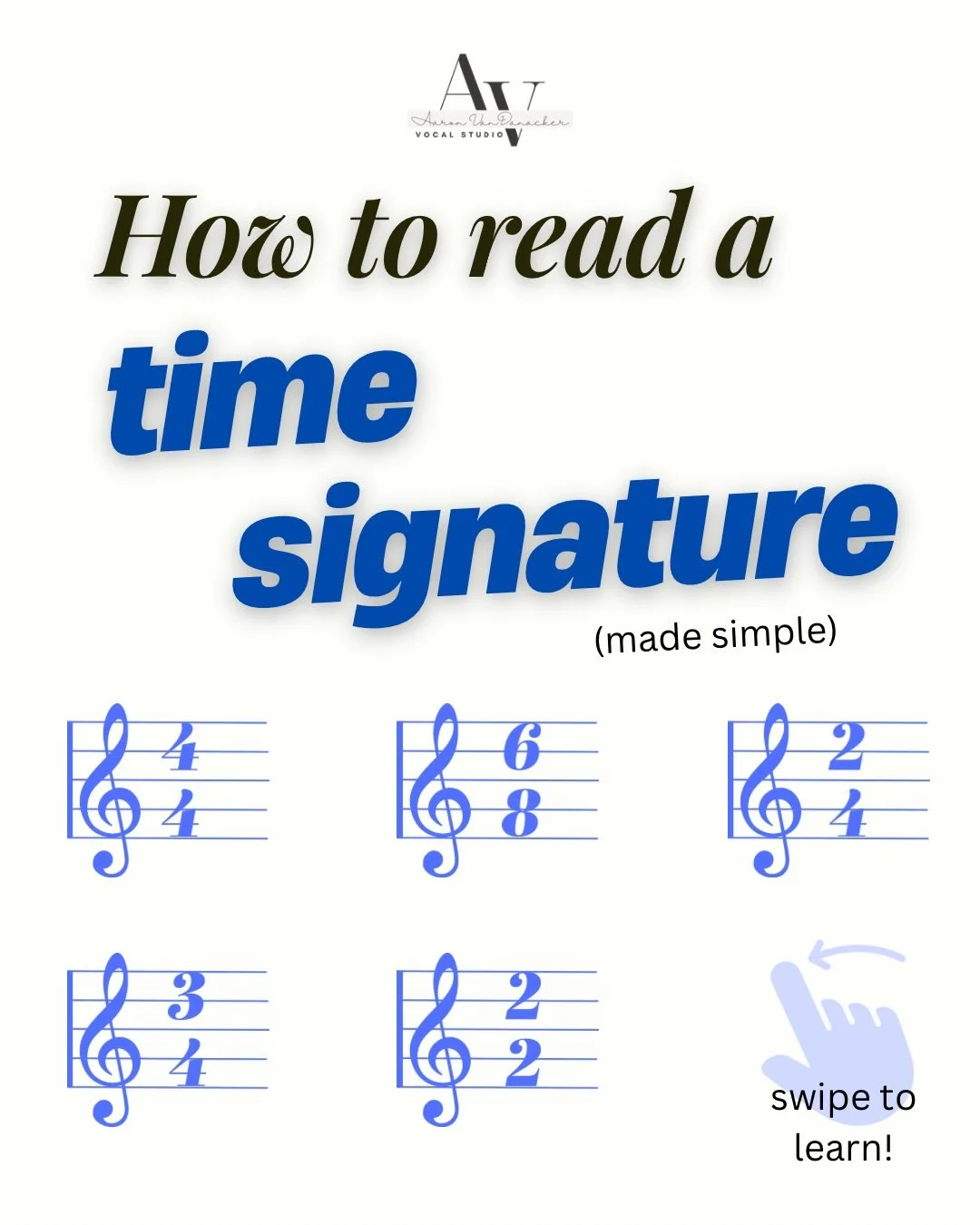 Reading time signatures is easy if you can remember:
👆The top number: how many beats per measure
👇The bottom number: what kind of note gets the beat

🌟 Simple Meter - evenly divisible by 2&rsquo;s
🌟 Compound Meter - evenly divisible by 3&rsquo;s
