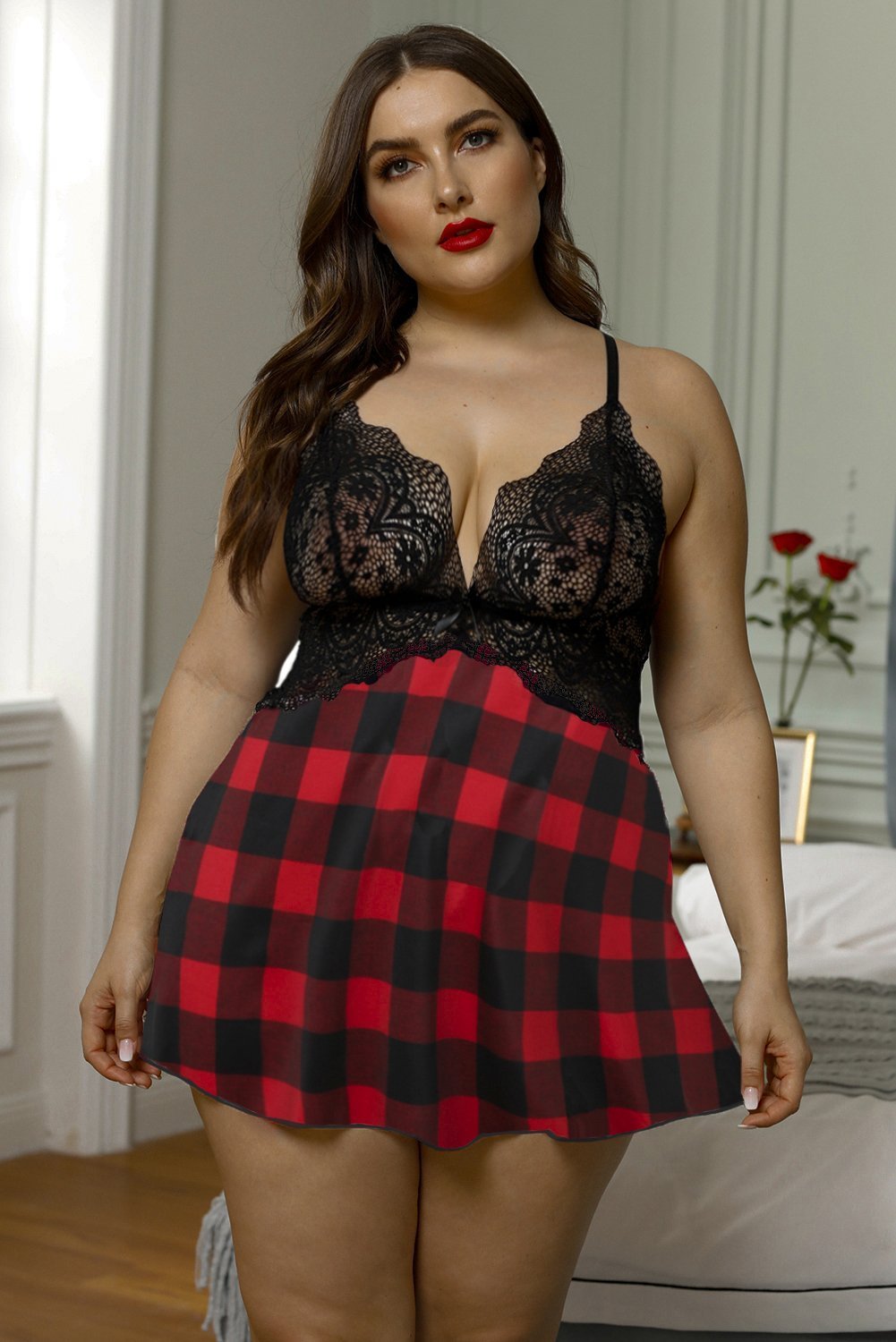 Red Black Plaid Plus Size Lace Bra Splicing Floral Babydoll