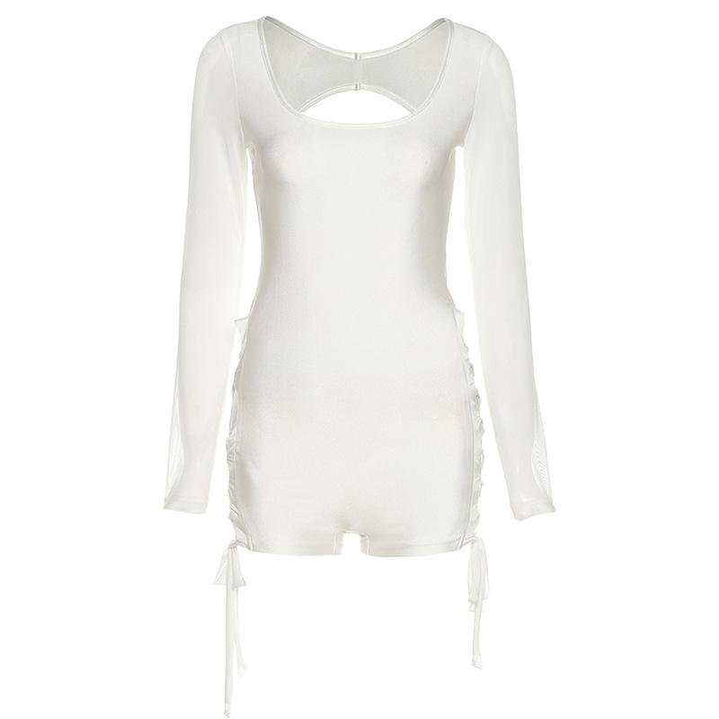 Women Sexy Ribbons Full Sleeve Low Neck Cleavage Backless Playsuits