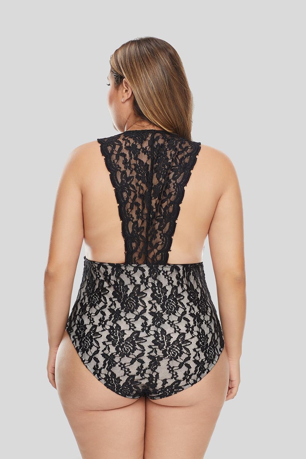 Black Deep V Neck Floral Lace Lined Plus Size Bodysuit