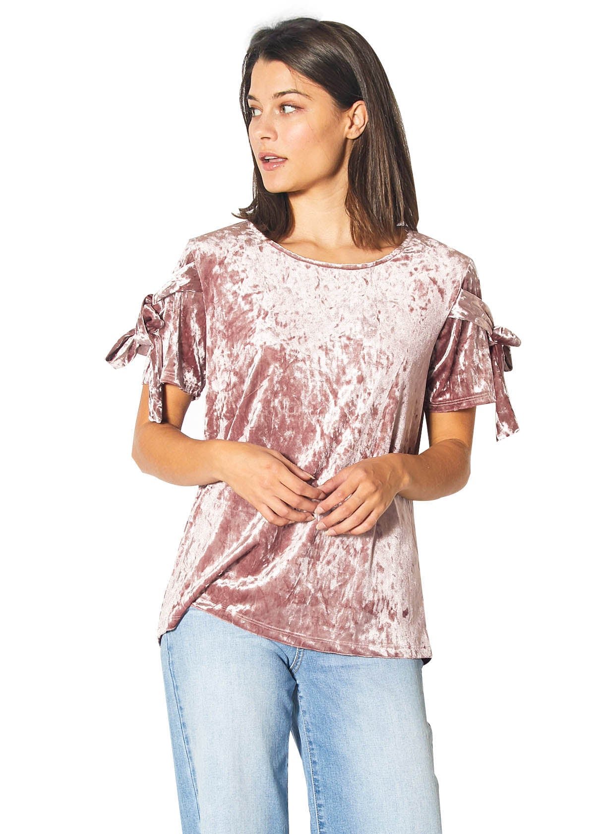 Crushed Velvet Tie Sleeve Tee in Mauve
