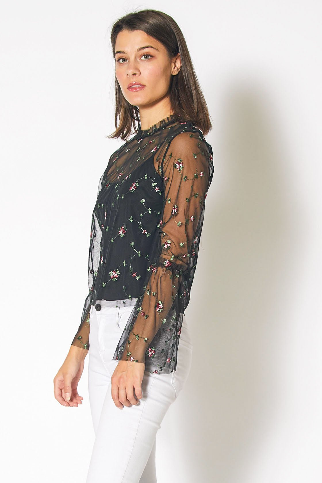 Sheer Blouse With Floral Embroidery in Black