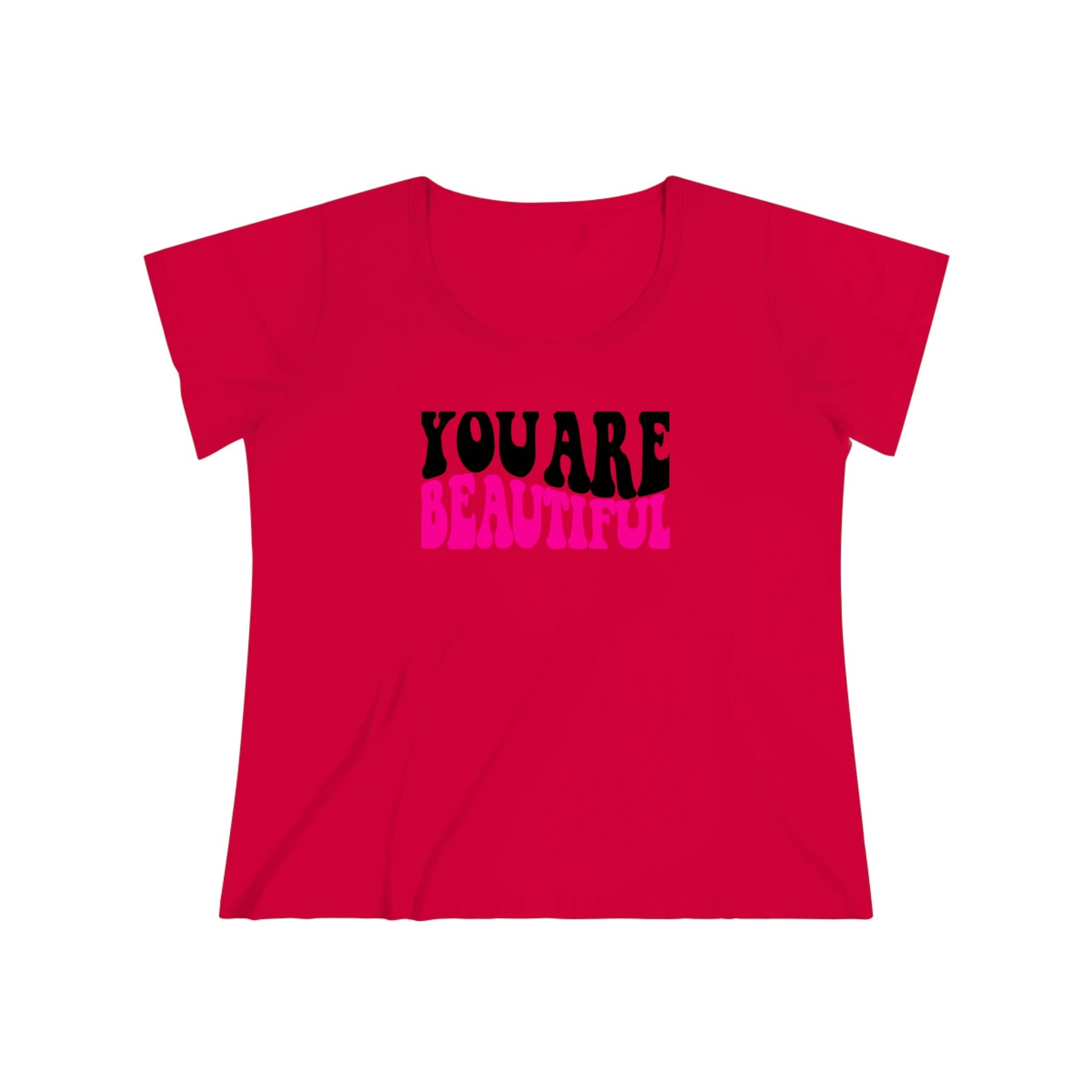 Womens Curvy Plus Size T-Shirt, You Are Beautiful Retro Wavy Pink