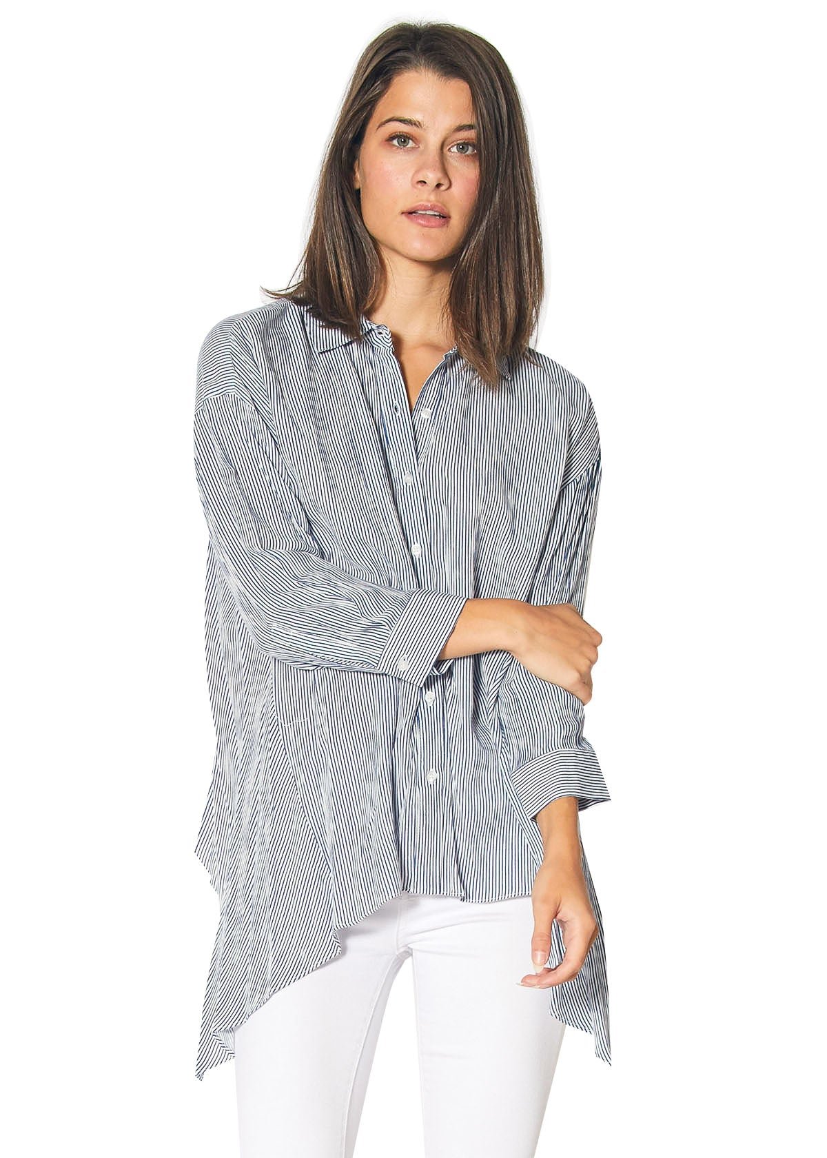 Button-Front Shark Bite Shirt in Navy White Stripe