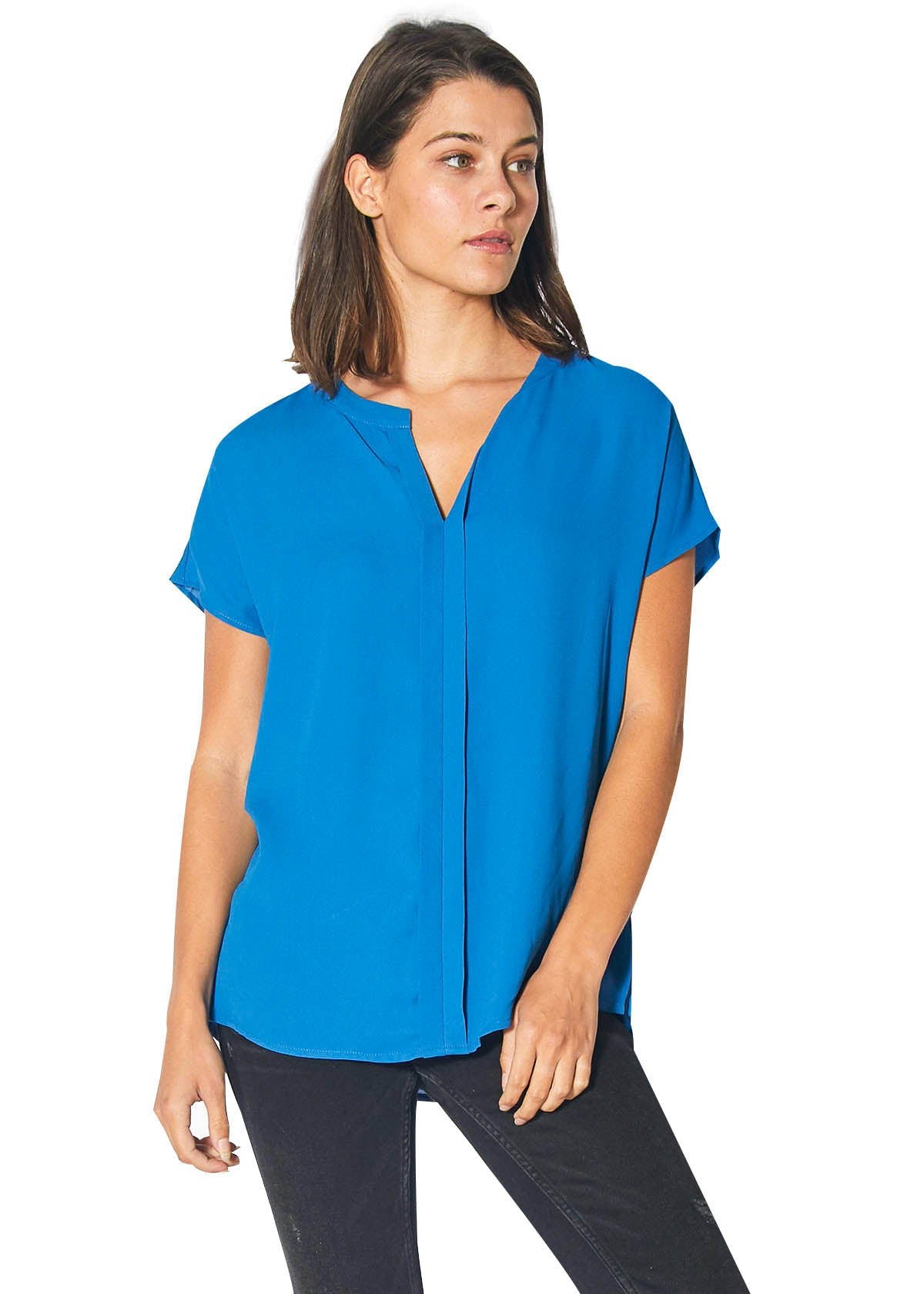 Short Sleeve Split Neck Blouse in Snorkel Blue