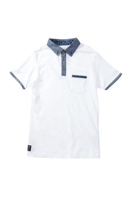 White Pique Polo with Chambray Placket and Collar