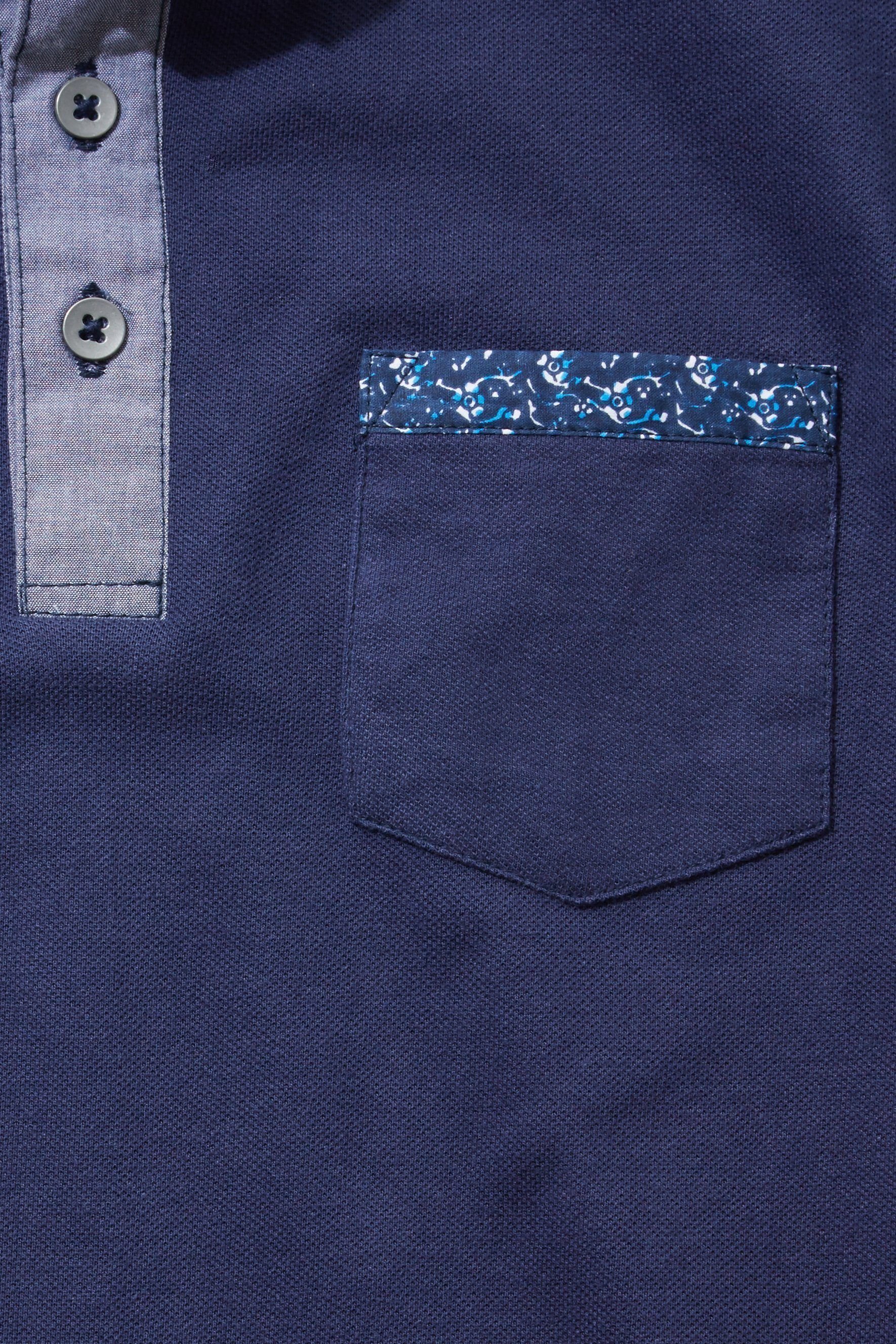Navy Pique Polo with Chambray Placket and Collar