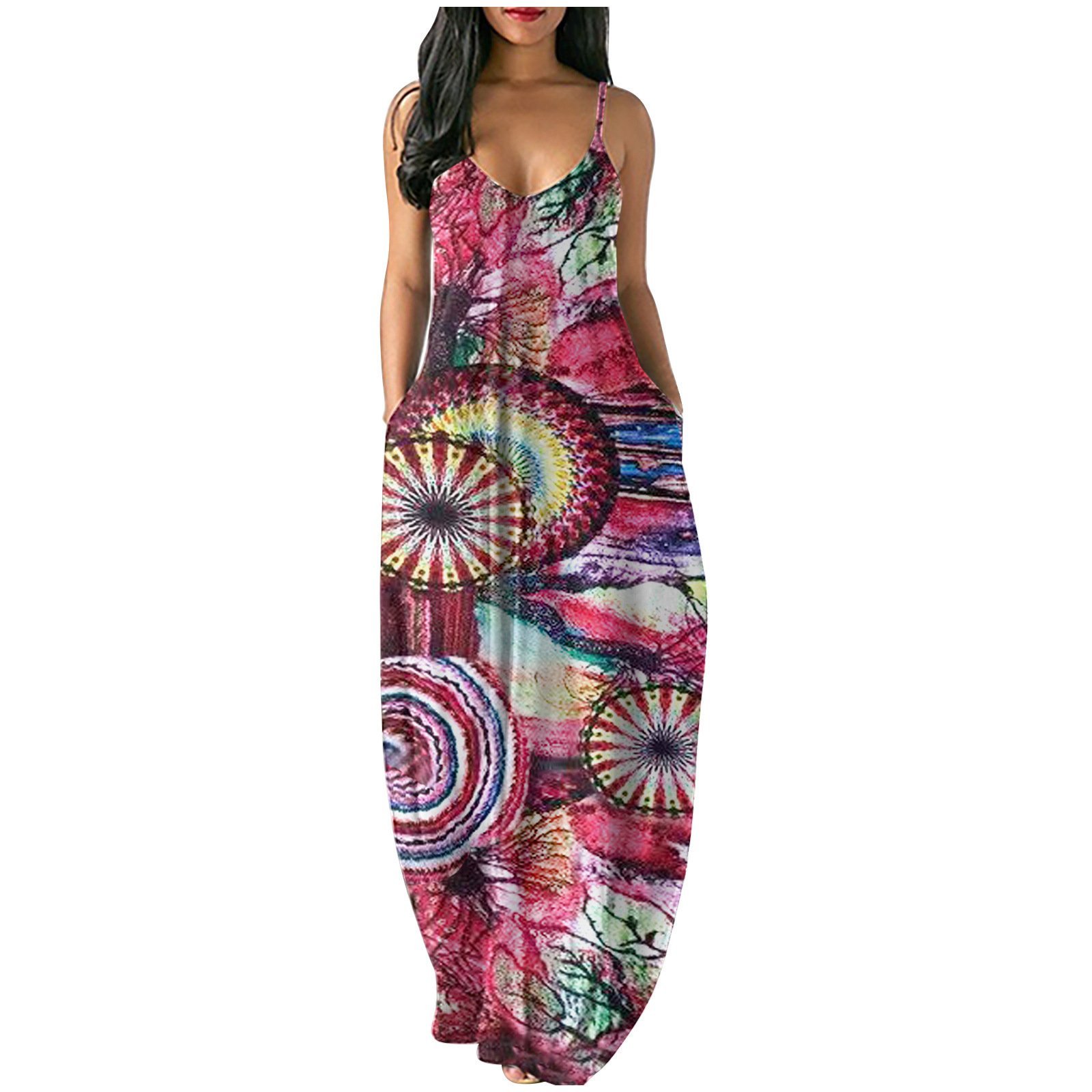 2021 plus Size Women Fancy Printed Sexy Deep V Strap Maxi Dress