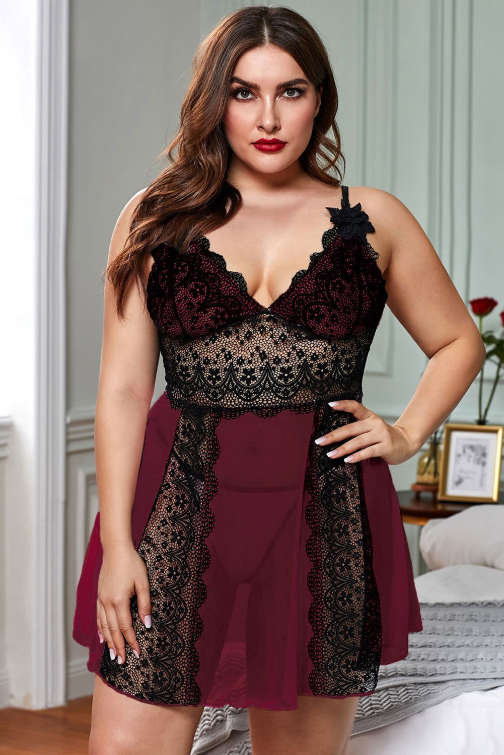 Red Black Color Block Hollow-out Lace Gauze Patchwork Plus Size