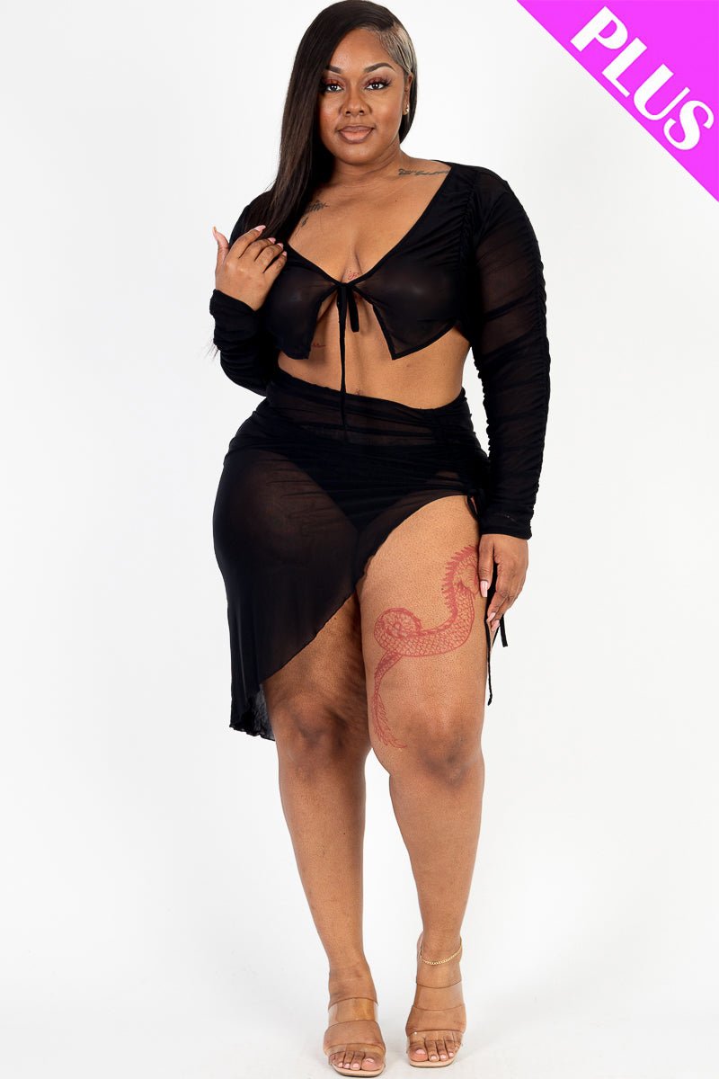 Plus Size Sexy Sheer Mesh Drawstring Ruched Skirt