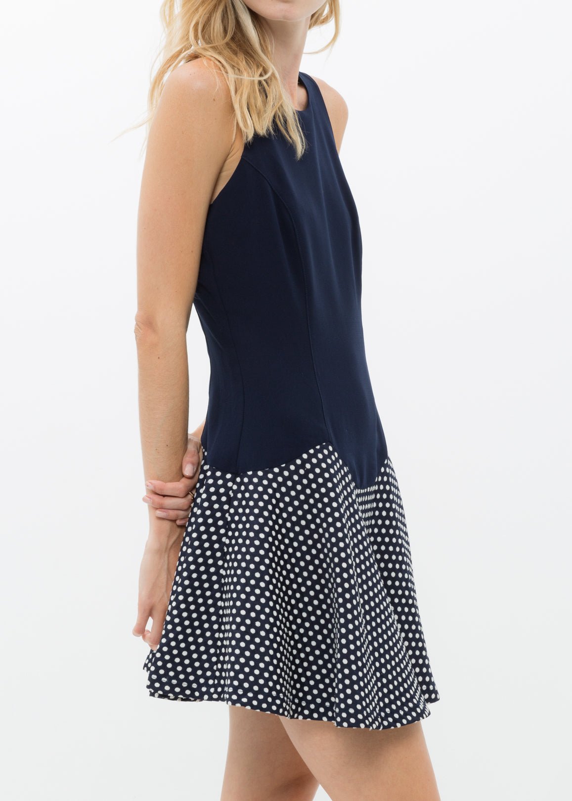 Sleeveless Polka Dot Drop Waist Dress In Navy