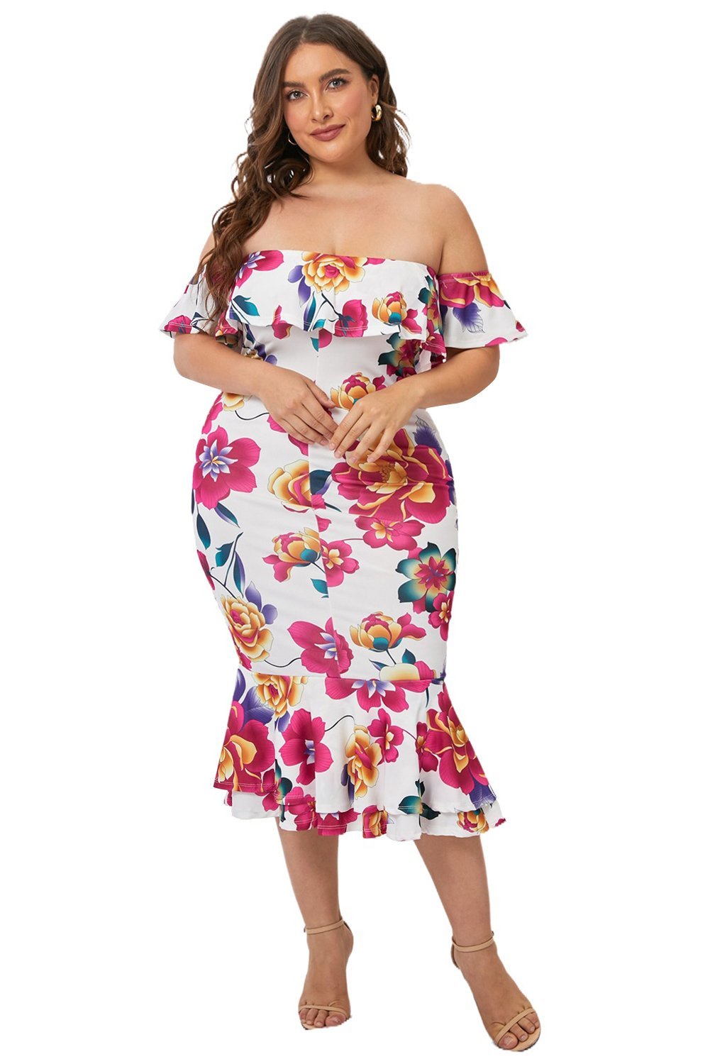 White Off-the-shoulder Bodycon Floral Mermaid Plus Size Dress