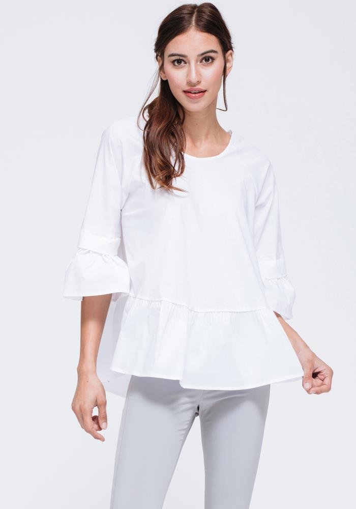 Women's Ruffle Hem Crew Neck Top In White