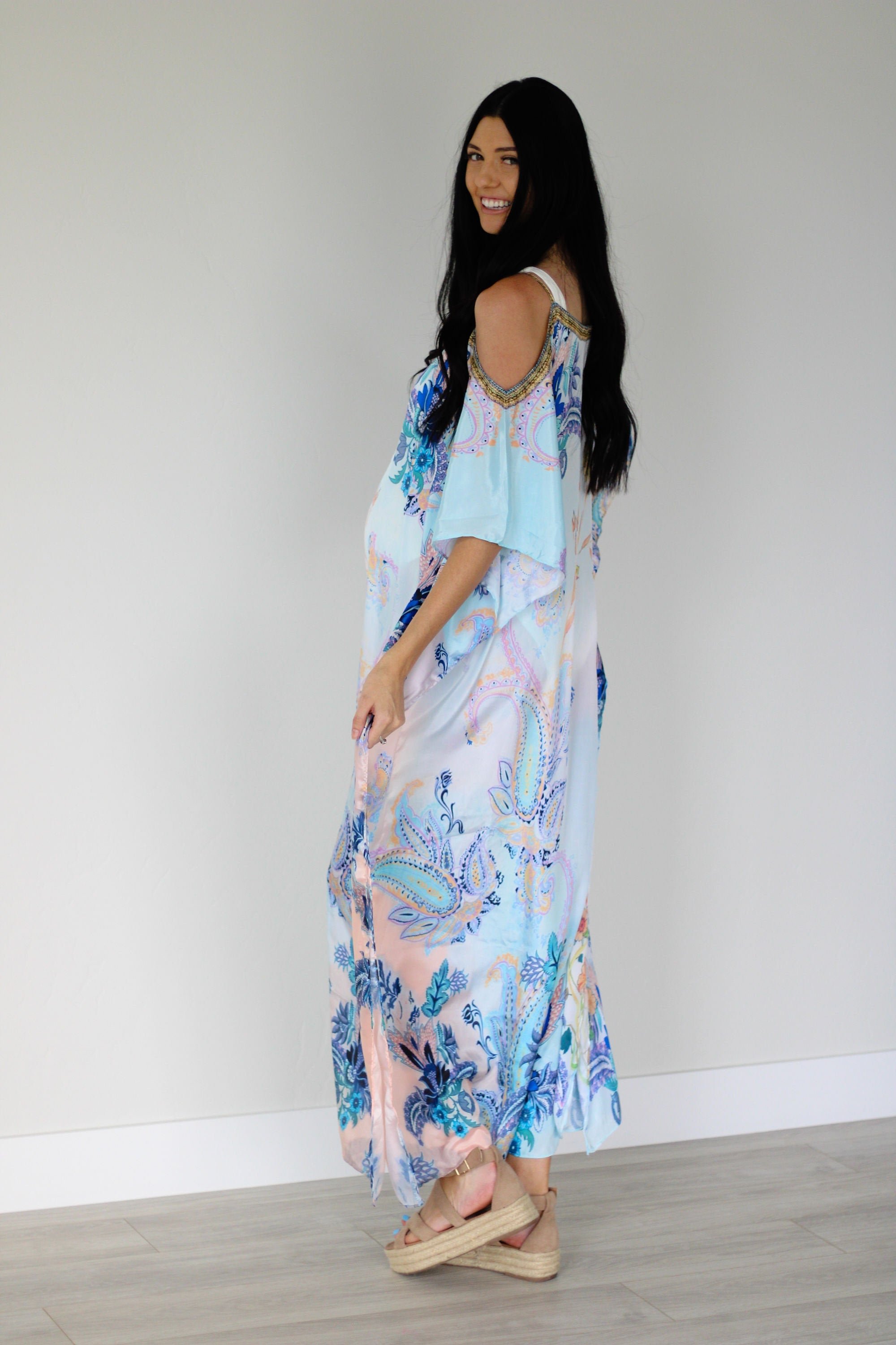 Cold Shoulder Kaftan Dress, Floral Maxi Dress, Loose Long Kaftan,