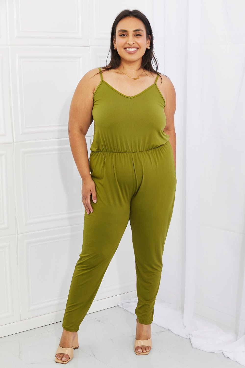 Capella Comfy Casual Full Size Solid Elastic Waistband Jumpsuit in