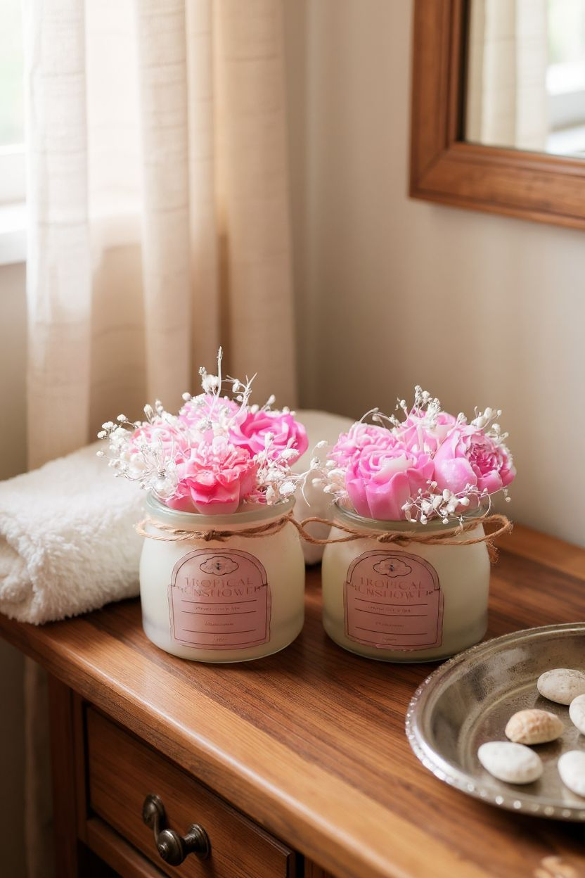 Decorative pink flowers in white candles on a wooden dresser with a mirror and window in the background.