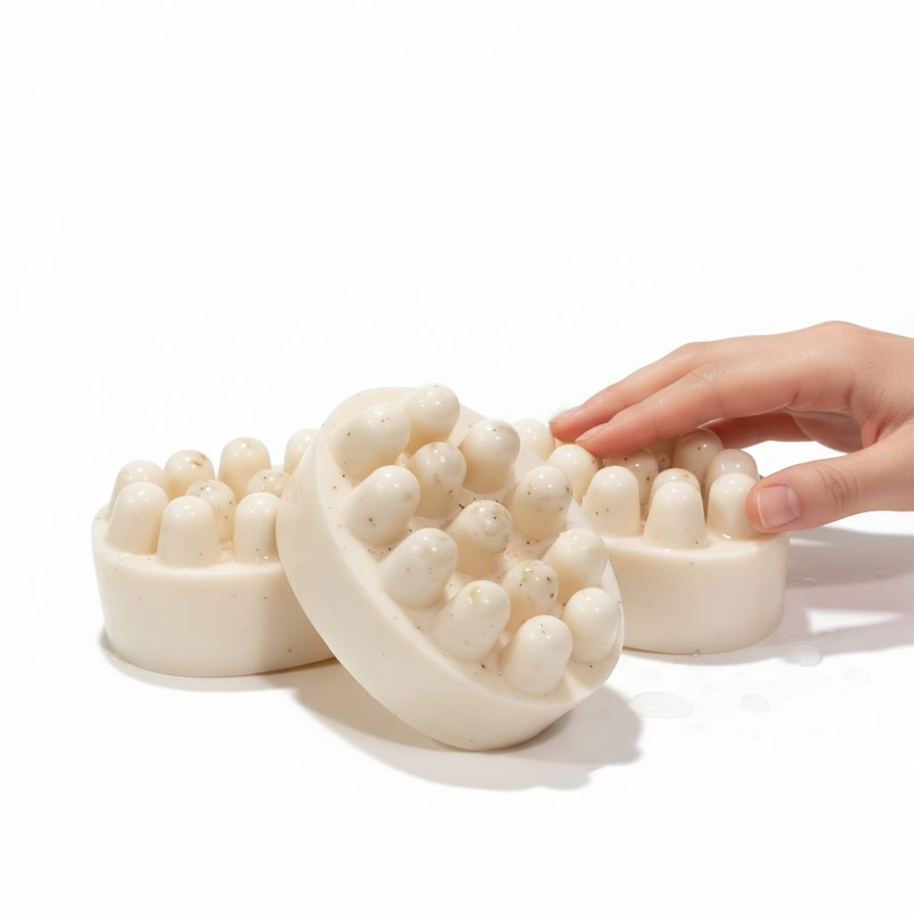 A hand touching a soap bar shaped like a sea sponge with bubbles, set against a white background.
