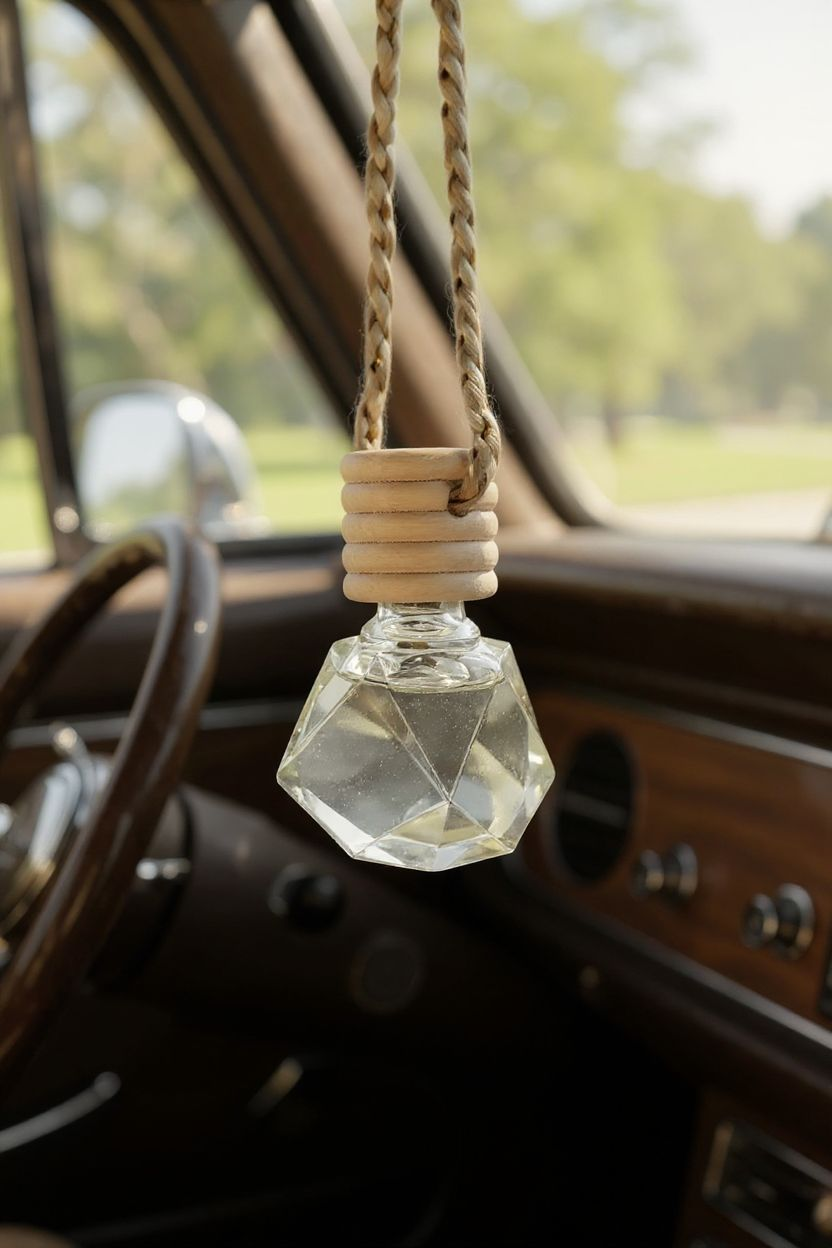 A decorative hanging ornament with a faceted glass or crystal piece suspended by a twisted rope inside a vehicle, with a blurred view of the outdoors through the car window.