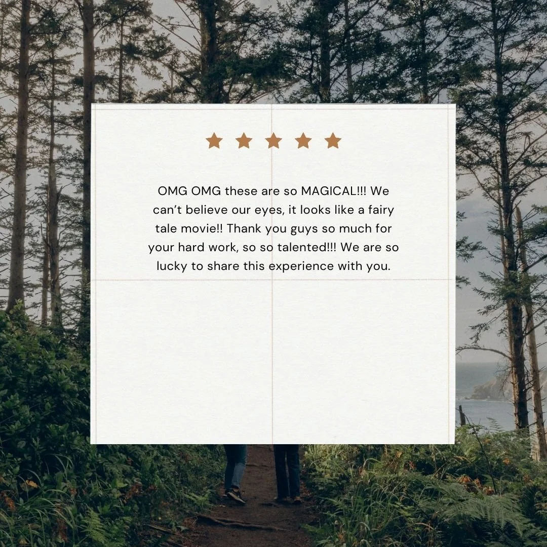 A handwritten note with five stars at the top, expressing excitement and gratitude, is placed over a background of a wooded trail with trees and a view of the ocean or large body of water.