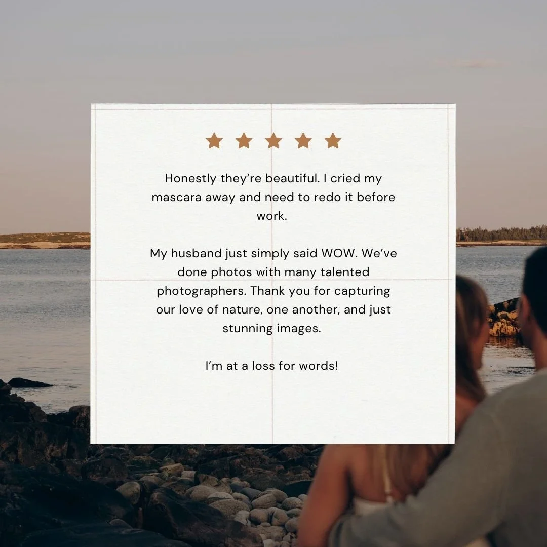 A thank you card with five stars on top, placed over a scenic beach background with rocks, water, and a sunset sky. The card contains a heartfelt message about photography and capturing love for nature.